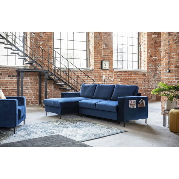 Mėlyna aksominė kampinė sofa Miuform Lofty Lilly, kairysis kampas-image-3