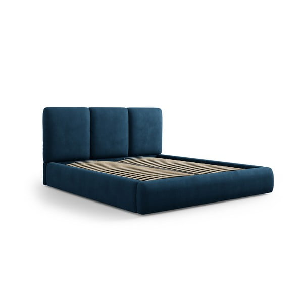 Dvigulė lova tamsiai mėlynos spalvos audiniu dengta su sandėliavimo vieta su lovos grotelėmis 200x200 cm Brody – Mazzini Beds