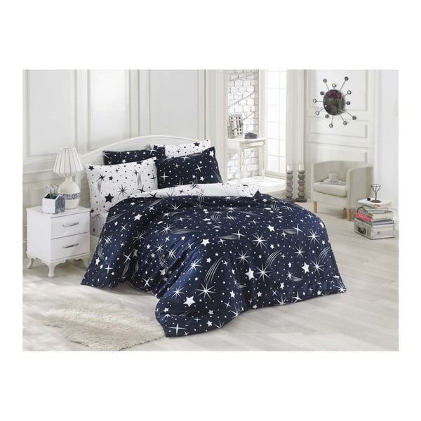 Tamsiai mėlyna viengulės lovos patalynė su paklode Starry Night, 160 x 220 cm