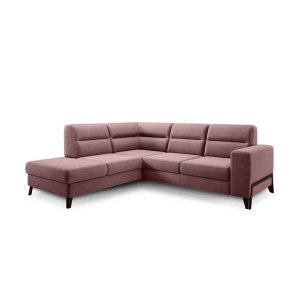 Rožinės spalvos iš velveto sulankstoma/su sandėliavimo vieta kampinė sofa (su kairiuoju kampu/„L“ formos) Cassara – ELTAP