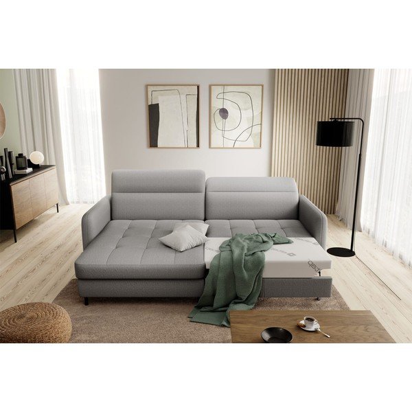 Pilkos spalvos iš velveto sulankstoma/su sandėliavimo vieta kampinė sofa (su kairiuoju kampu/su gultu) Gomsi – ELTAP-image-1