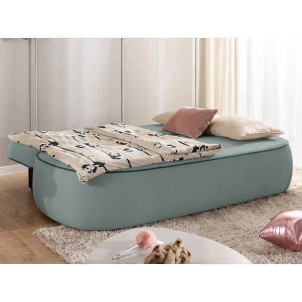 Smaragdinės spalvos/pilkai mėlynos spalvos sulankstoma/su sandėliavimo vieta vaikiška sofa iš velveto 210 cm Saga – Ropez-image-4