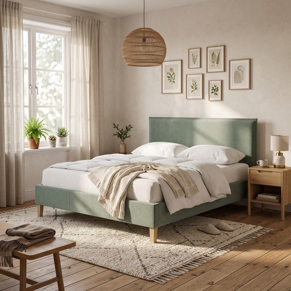 Dvigulė lova žalios spalvos audiniu dengta su lovos grotelėmis 180x200 cm Tina – Ropez-image-1