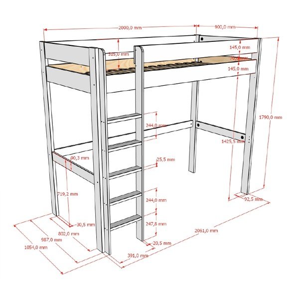 Baltos spalvos paaukštinta vaikiška lova su lovos grotelėmis 90x200 cm Primo – Vipack-image-2