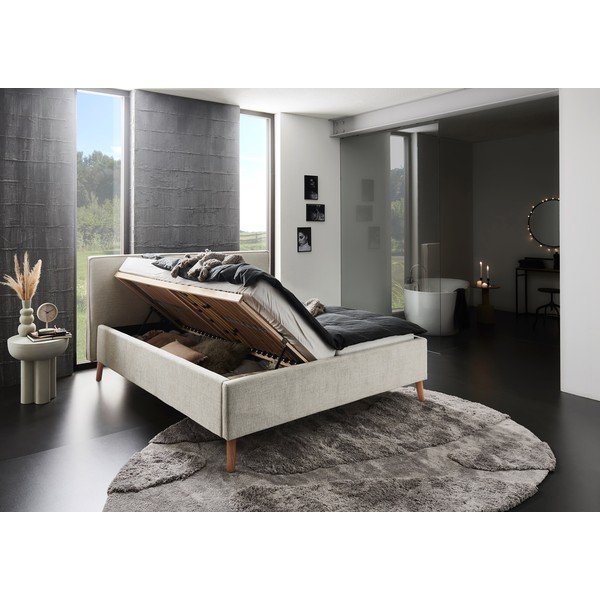 Kreminės spalvos dvigulė lova audiniu dengta su sandėliavimo vieta su lovos grotelėmis 160x200 cm Riva – Meise Möbel-image-3