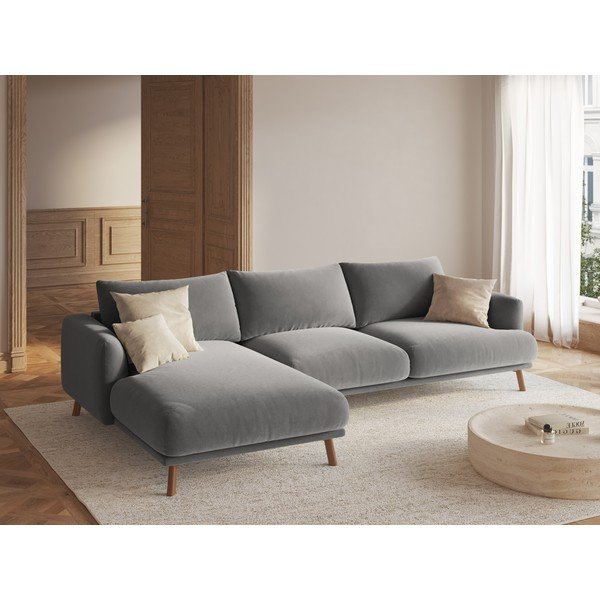 Pilkos spalvos kampinė sofa iš velveto (su kairiuoju kampu/su gultu) Naomi – Micadoni -image-1