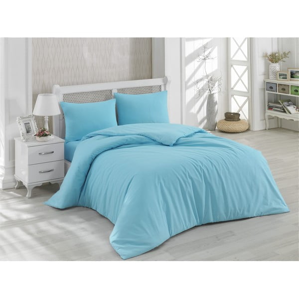 Mėlyna medvilninė patalynė su paklode dvivietei lovai Minimal, 200 x 220 cm