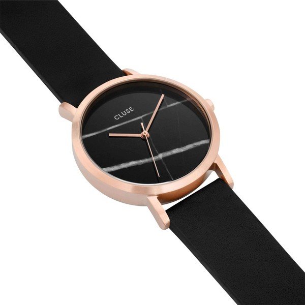 Moteriškas juodas laikrodis su odiniu dirželiu ir marmuriniu ciferblatu Cluse La Roche Petite Rose-image-3