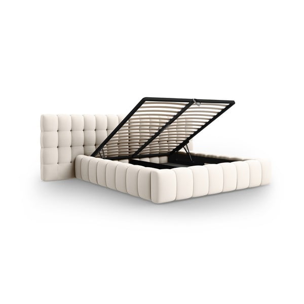 Dvigulė lova kreminės spalvos audiniu dengta su sandėliavimo vieta su lovos grotelėmis 160x200 cm Mamaia – Micadoni Home-image-3