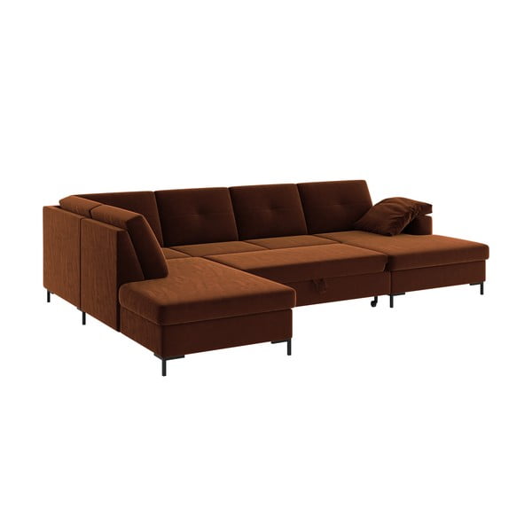 Tamsiai oranžinės spalvos aksominė U formos sofa-lova Ghado Moor, kairysis kampas-image-4