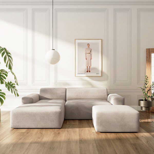 Smėlio spalvos iš kordinio velveto sulankstoma/su sandėliavimo vieta kampinė sofa (su kairiuoju kampu/su gultu) Villet – Rodier-image-1