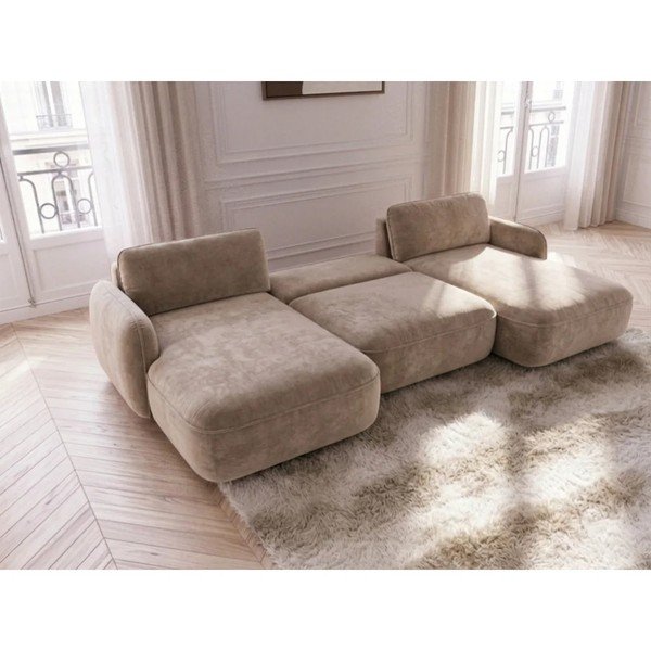 Smėlio spalvos sulankstoma/su sandėliavimo vieta kampinė sofa iš velveto („U“ formos) Celeste – Bobochic Paris-image-3