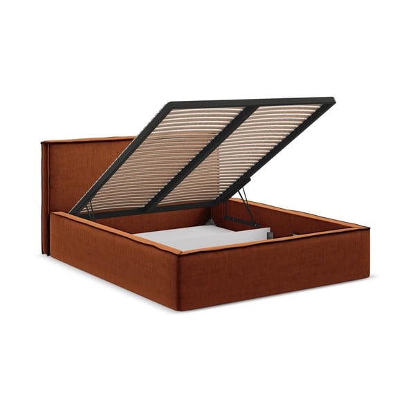 Terakotos spalvos dvigulė lova audiniu dengta su sandėliavimo vieta su lovos grotelėmis 160x200 cm Anani – Makamii-image-3