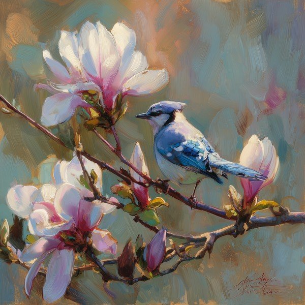 Spausdintas paveikslas tapyba ant drobės 32x32 cm Bluejay & Blossom – Styler