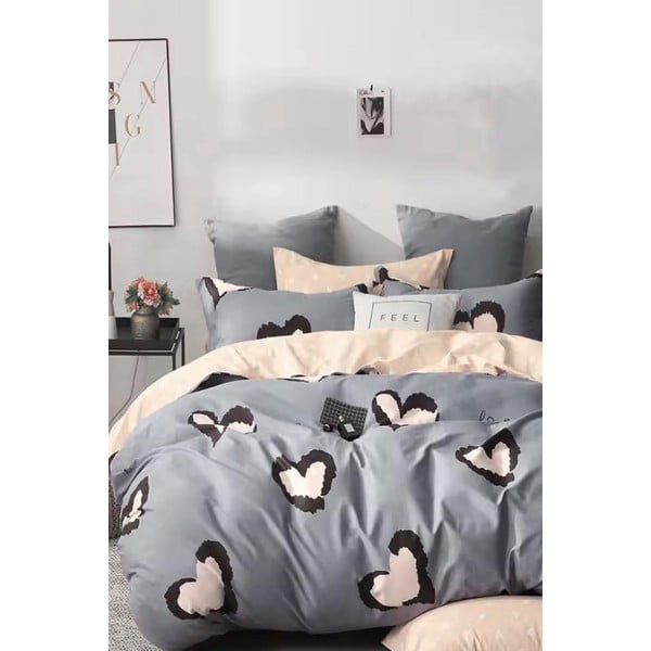 Iš ranforce medvilnės dvigulė/itin ilga patalynė pilkos spalvos/smėlio spalvos su paklode/4 dalių 200x220 cm Double Heart – Mila Home