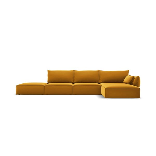 Garstyčių spalvos iš velveto kampinė sofa (su dešiniuoju kampu/su gultu) Vanda – Mazzini Sofas