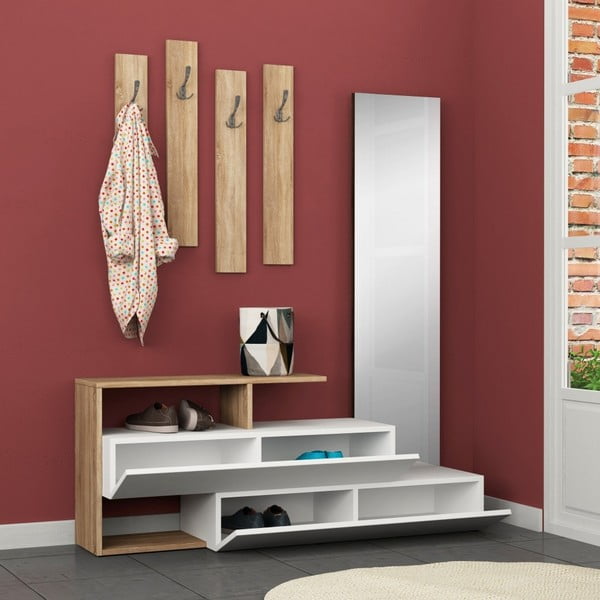 Batų lentyna su veidrodžiu ir sienine kabykla Ramda Oak-image-1