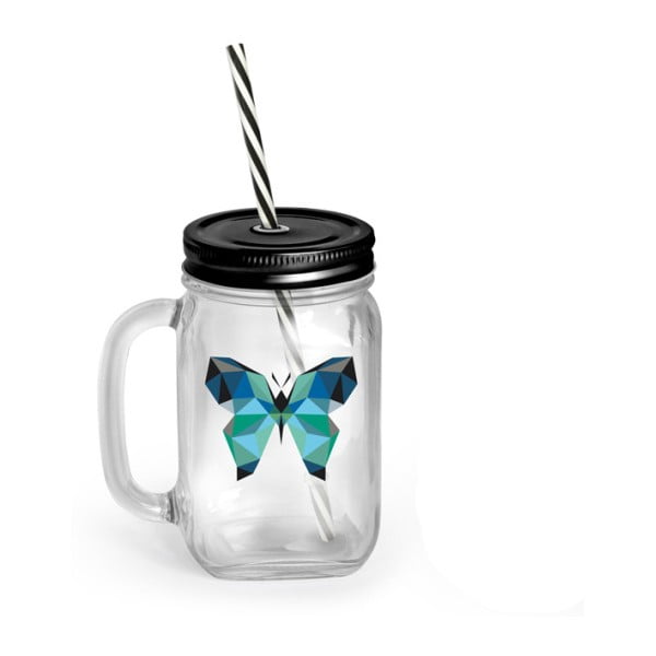Stiklinė su dangteliu ir šiaudeliu Vialli Design Mia Natura Butterfly, 450 ml