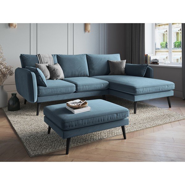 Šviesiai mėlyna aksominė kampinė sofa su juodomis kojomis Kooko Home Lento, kampas dešinėje-image-1