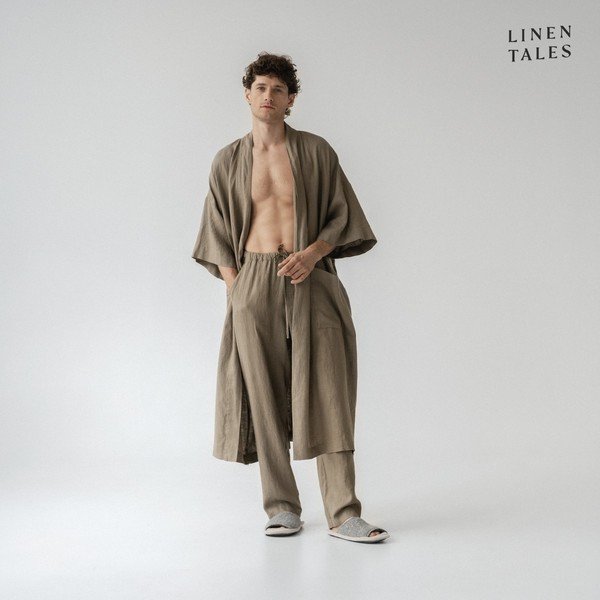 Chaki spalvos lininis chalatas L/XL dydžio Summer - Linen Tales-image-2