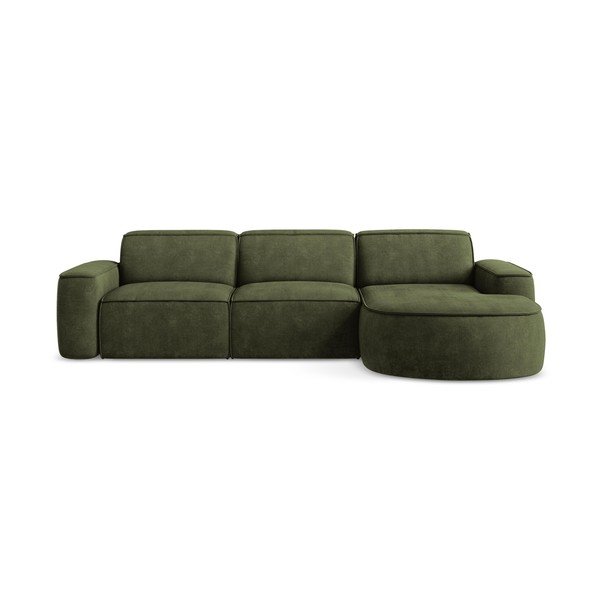 Žalios spalvos iš šenilinio audinio kampinė sofa (su dešiniuoju kampu/su gultu) Omao – Makamii