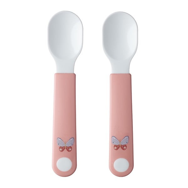 Plastikinis vaikiškų šaukštelių rinkinys baltos spalvos/šviesiai rožinės spalvos 2 vnt. Flowers & butterflies – Mepal