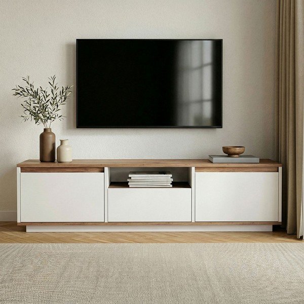 Baltos spalvos/natūralios spalvos TV spintelė iš pušies 160x42x30 cm Sentinel – Kalune Design-image-2