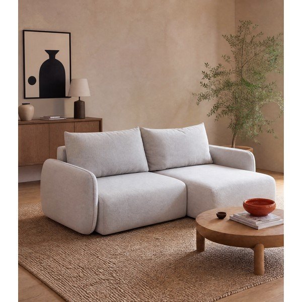 Šviesiai pilkos spalvos sulankstoma/su sandėliavimo vieta kampinė sofa iš velveto (su dešiniuoju kampu/su gultu) Kalena – Makamii-image-1