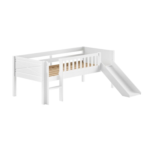 Baltos spalvos paaukštinta iš pušies masyvo vaikiška lova su lovos grotelėmis 90x200 cm Scott – Vipack