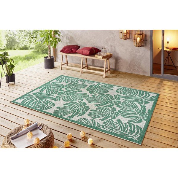 Žalios ir smėlio spalvos lauko kilimas NORTHRUGS Monstera, 140 x 200 cm-image-1