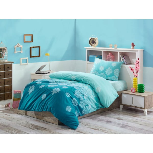 Turkio spalvos pailginta medvilninė patalynė dvigulei lovai su paklode ir užvalkalu 160x220 cm – Mijolnir