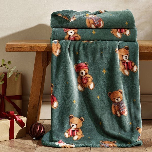 Tamsiai žalios spalvos antklodė ir pledas su Kalėdų motyvu 170x130 cm Christmas Tartan Teddy Bear – Catherine Lansfield-image-1