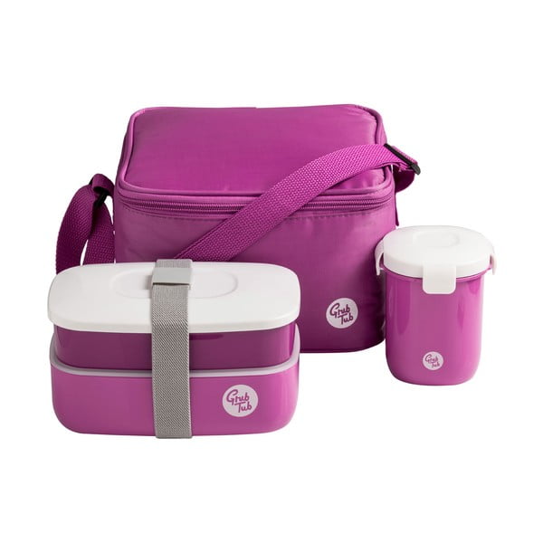 Tamsiai rožinės spalvos Premier Housewares Grub Tub užkandžių dėžutės, puodelio ir maišelio rinkinys, 21 x 13 cm