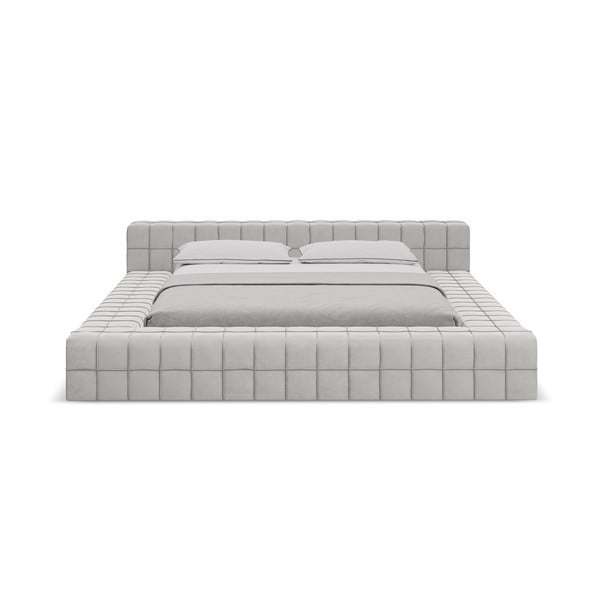 Šviesiai pilkos spalvos dvigulė lova audiniu dengta su lovos grotelėmis 140x200 cm Akela – Makamii-image-3