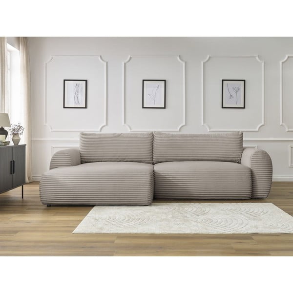 Iš kordinio velveto sulankstoma kampinė sofa šviesiai pilkos spalvos/smėlio spalvos (su kairiuoju kampu) Lucien – Bobochic Paris-image-1