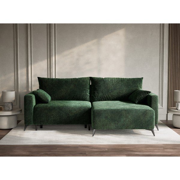 Tamsiai žalios spalvos sulankstoma/su sandėliavimo vieta kampinė sofa iš šenilinio audinio (su dešiniuoju kampu/su gultu) Leon – Maison de Rêve-image-1