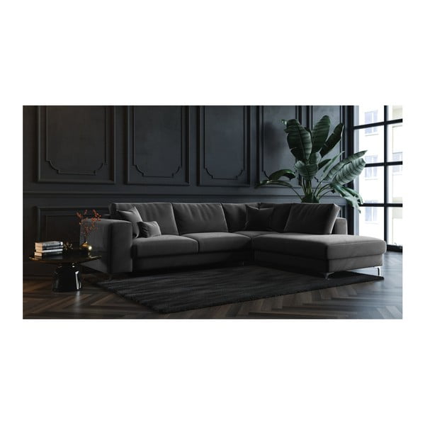 Tamsiai pilka aksominė kampinė sofa-lova Devichy Rothe, dešinysis kampas-image-2