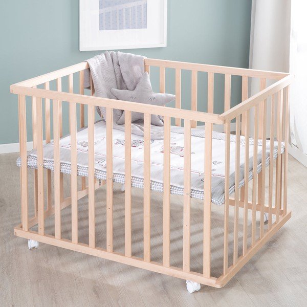 Natūralios spalvos maniežas vaikams ant ratukų 100x75 cm Jumbo Twins – Roba-image-1