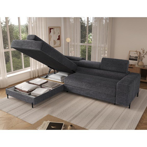 Tamsiai pilkos spalvos kampinė sofa iš kordinio velveto (su kairiuoju kampu/„L“ formos) Colesio – ELTAP-image-3
