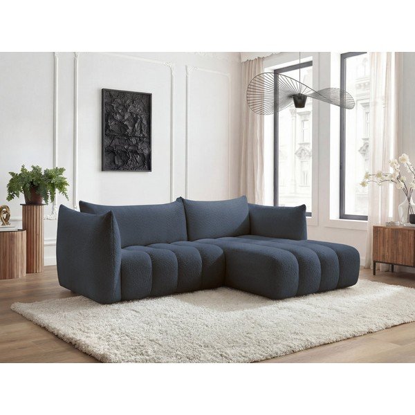 Tamsiai mėlynos spalvos kampinė sofa iš boucle (su dešiniuoju kampu/su gultu) Azra – Bobochic Paris-image-1