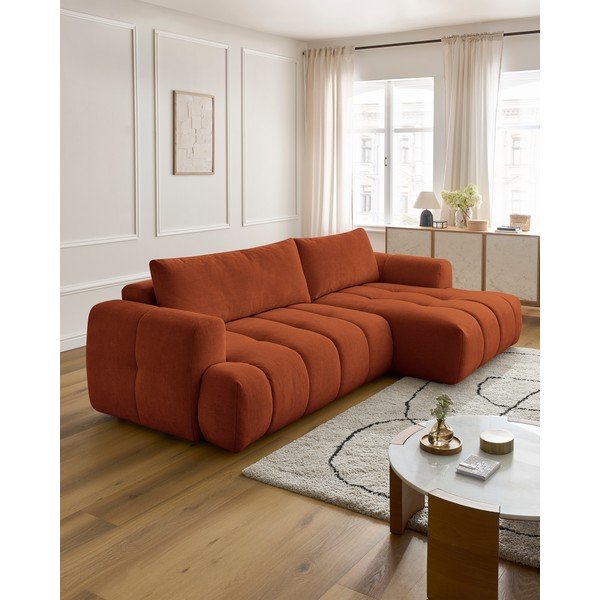 Raudonos plytų spalvos sulankstoma/su sandėliavimo vieta kampinė sofa (su dešiniuoju kampu/su gultu) Fuji – Bobochic Paris-image-1