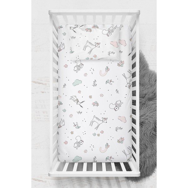 Baltos spalvos iš ranforce medvilnės vaikų patalynė vaikiškai lovai su guma 70x120 cm Flowers – Mijolnir-image-1
