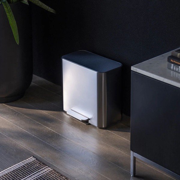 Matinės sidabrinės spalvos iš nerūdijančio plieno šiukšliadėžė rūšiavimui/su pedalu 15 l Dual Mini – simplehuman-image-1