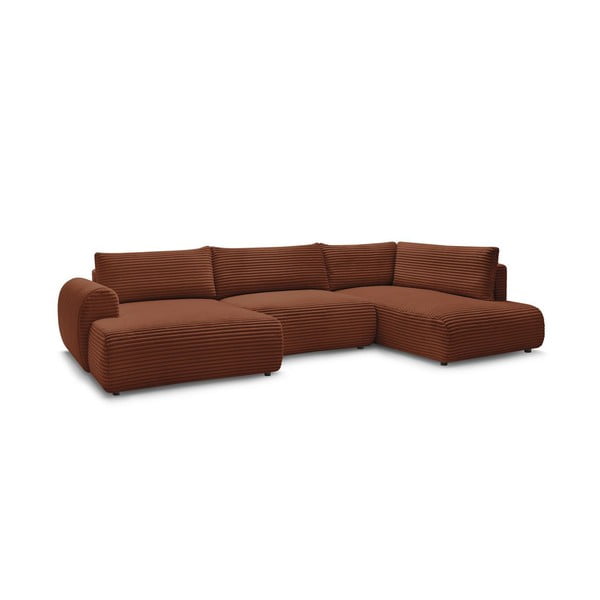 Raudonos plytų spalvos sulankstoma/su sandėliavimo vieta kampinė sofa iš kordinio velveto (su dešiniuoju kampu/„U“ formos) Lucien – Bobochic Paris-image-3