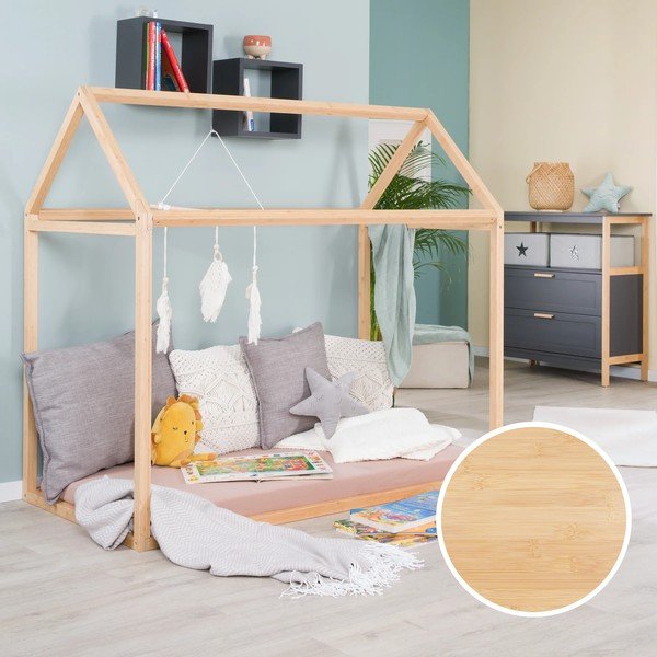 Natūralios spalvos naminė iš bambuko vaikiška lova su čiužiniu /be grotelių 70x140 cm House Bed – Roba-image-1
