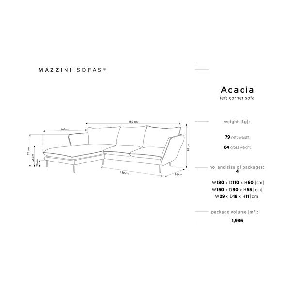 Šviesiai pilka aksominė kampinė sofa Mazzini Sofas Acacia, kairysis kampas-image-3