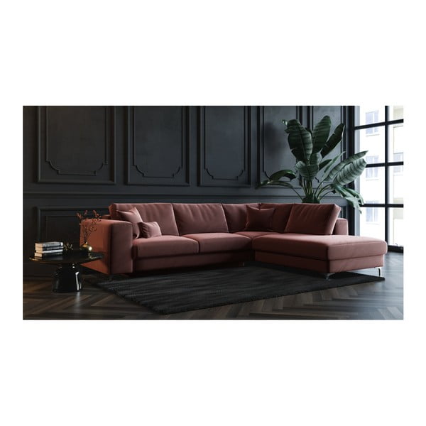Tamsiai rožinė aksominė kampinė sofa-lova Devichy Rothe, dešinysis kampas-image-3