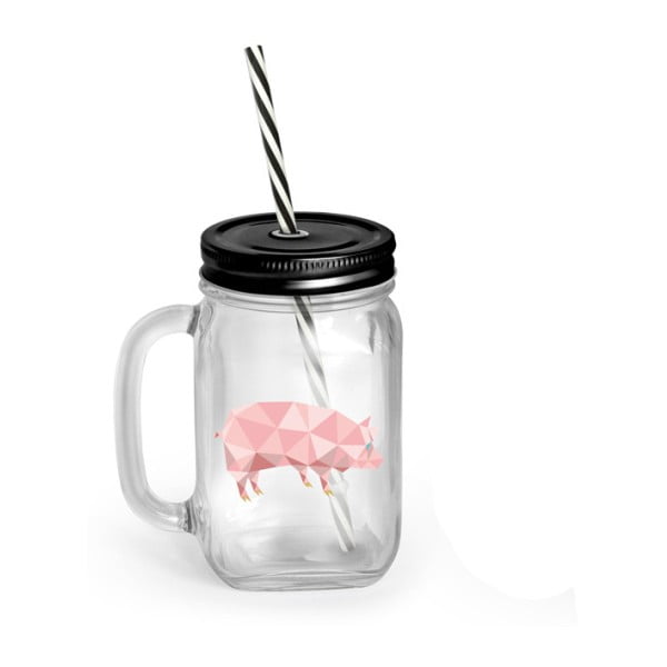 Stiklinė su dangteliu ir šiaudeliu Vialli Design Mia Natura Pig, 450 ml
