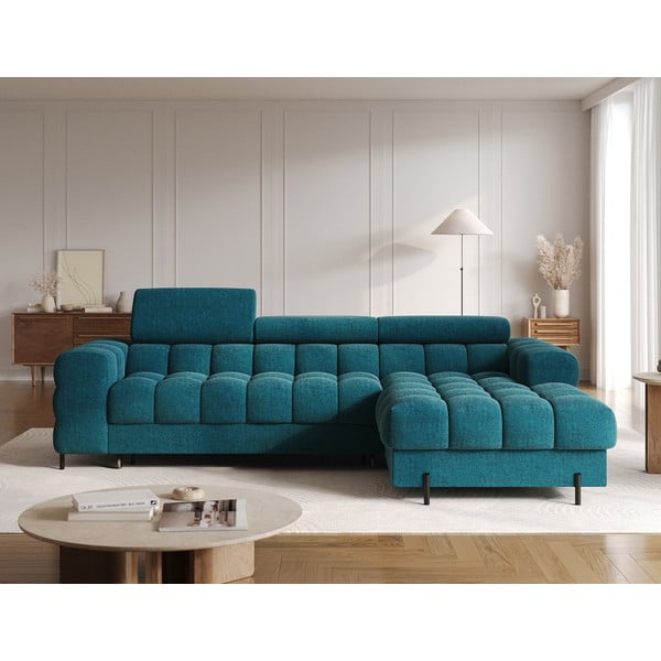 Mėlynos spalvos iš boucle sulankstoma/su sandėliavimo vieta kampinė sofa (su dešiniuoju kampu/su gultu) Felro – ELTAP-image-1