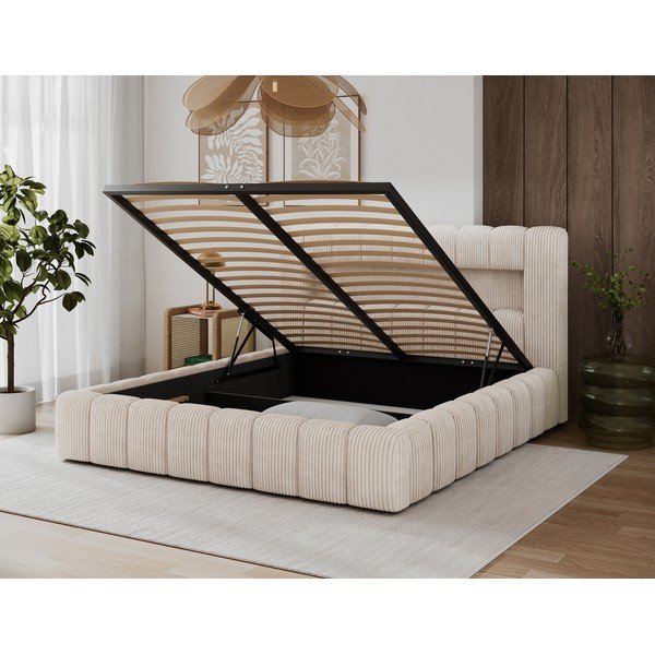 Smėlio spalvos dvigulė lova audiniu dengta su sandėliavimo vieta su lovos grotelėmis 160x200 cm Lamica – ELTAP-image-4